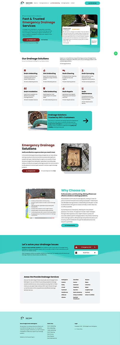 Home Page screen shot of a web design and seo project for Budget Drains Nottingham by Tea Powered Projects