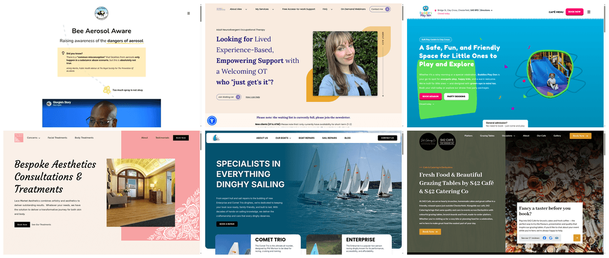 Portfolio collage of six client websites built by Tea Powered Projects
