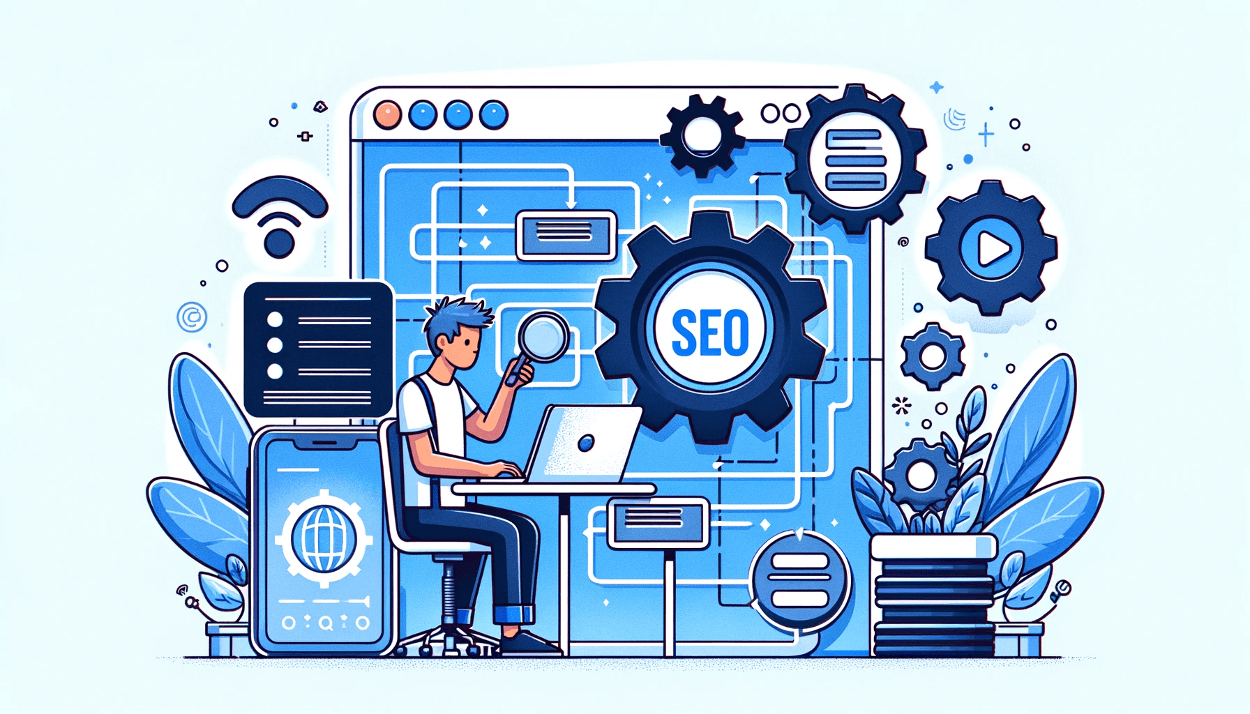 <b>Technical SEO</b>: Featured here is a web developer working on optimising a website's technical structure.